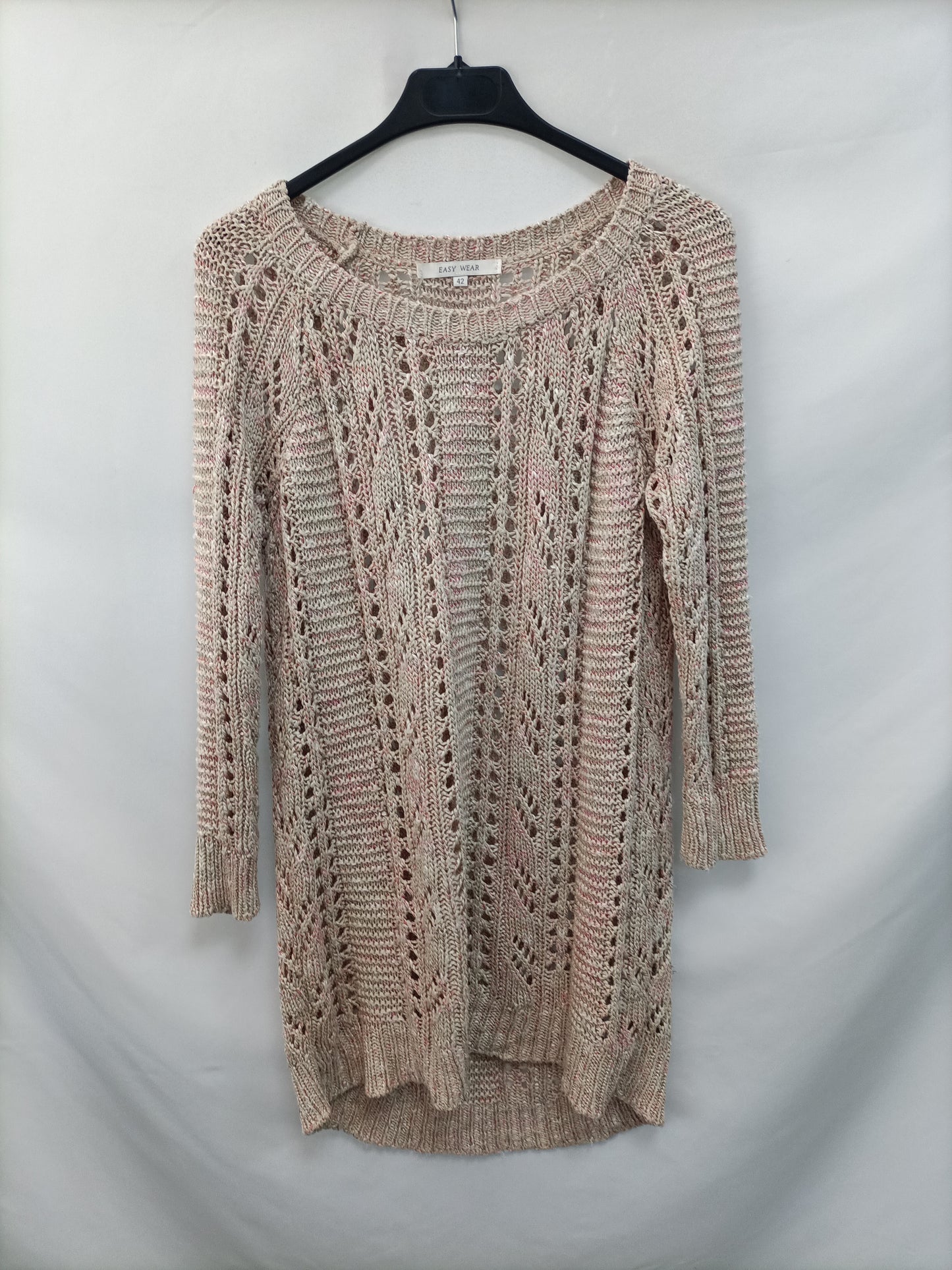 EASY WEAR. Jersey punto abierto beige con hilos rosas T.42