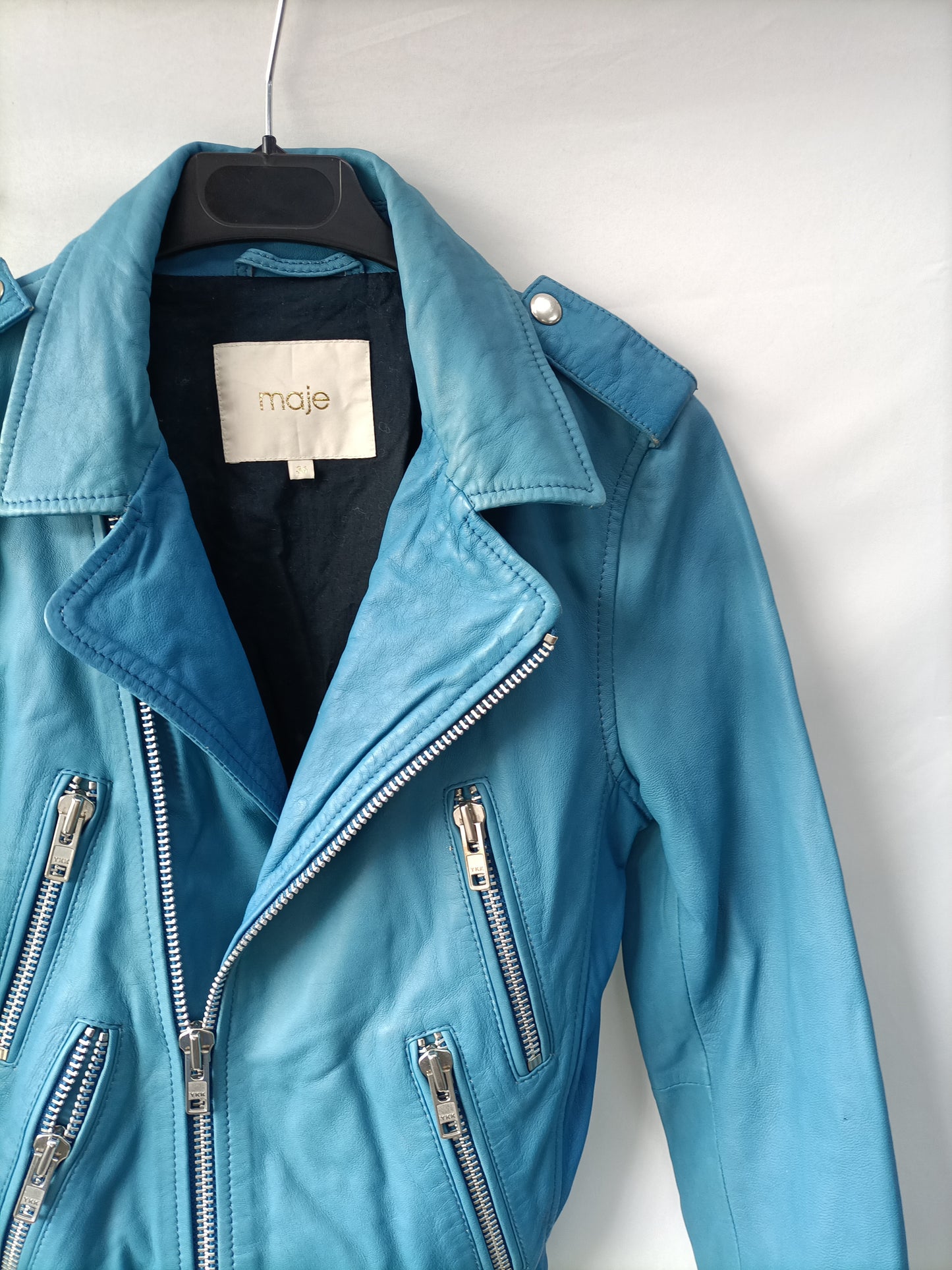 MAJE. Blue leather biker jacket size 36 (tare)