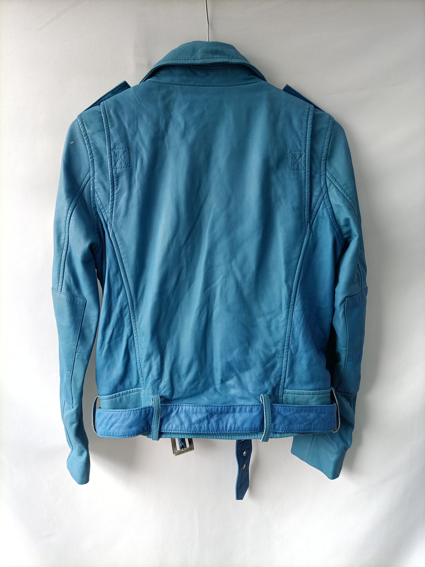 MAJE. Blue leather biker jacket size 36 (tare)