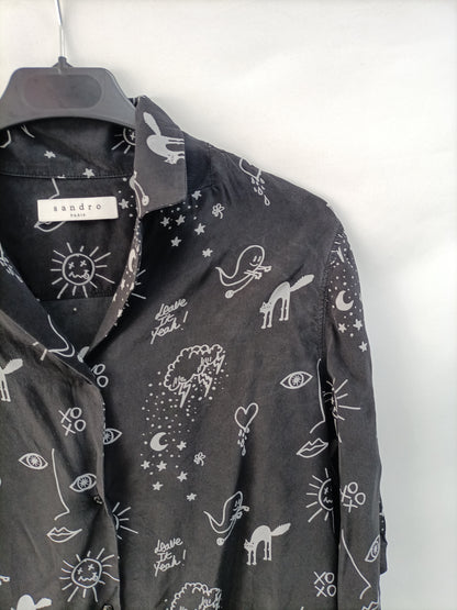 SANDRO. Black blouse with drawings S.1(s)