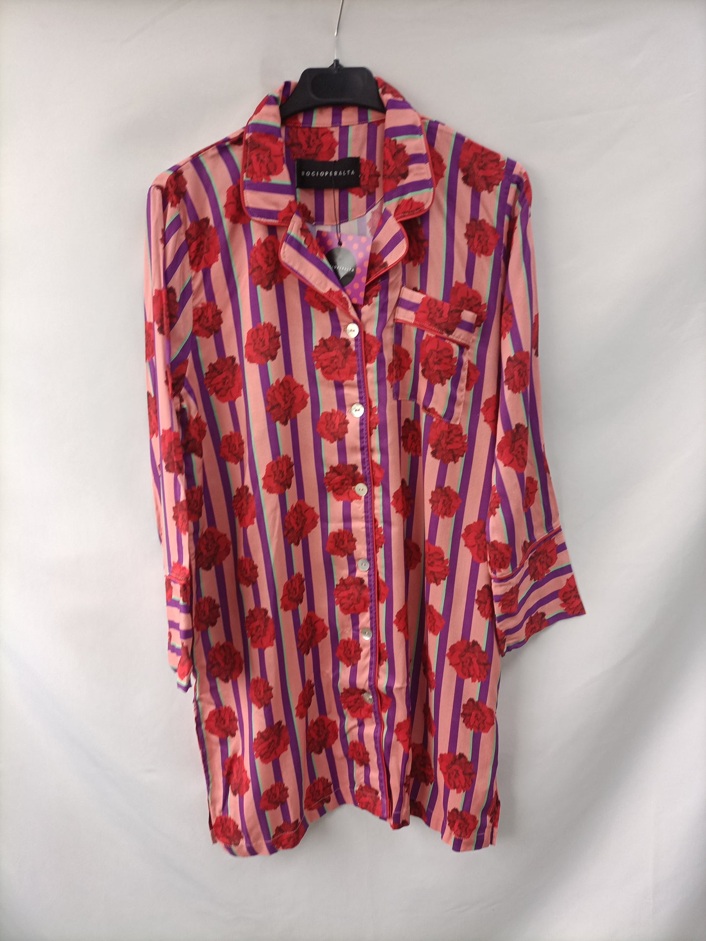 ROCIO PERALTA. Vestido camisero flores y rayas T.m