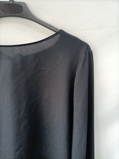 ZARA. top azul marino volantes mangas T.s
