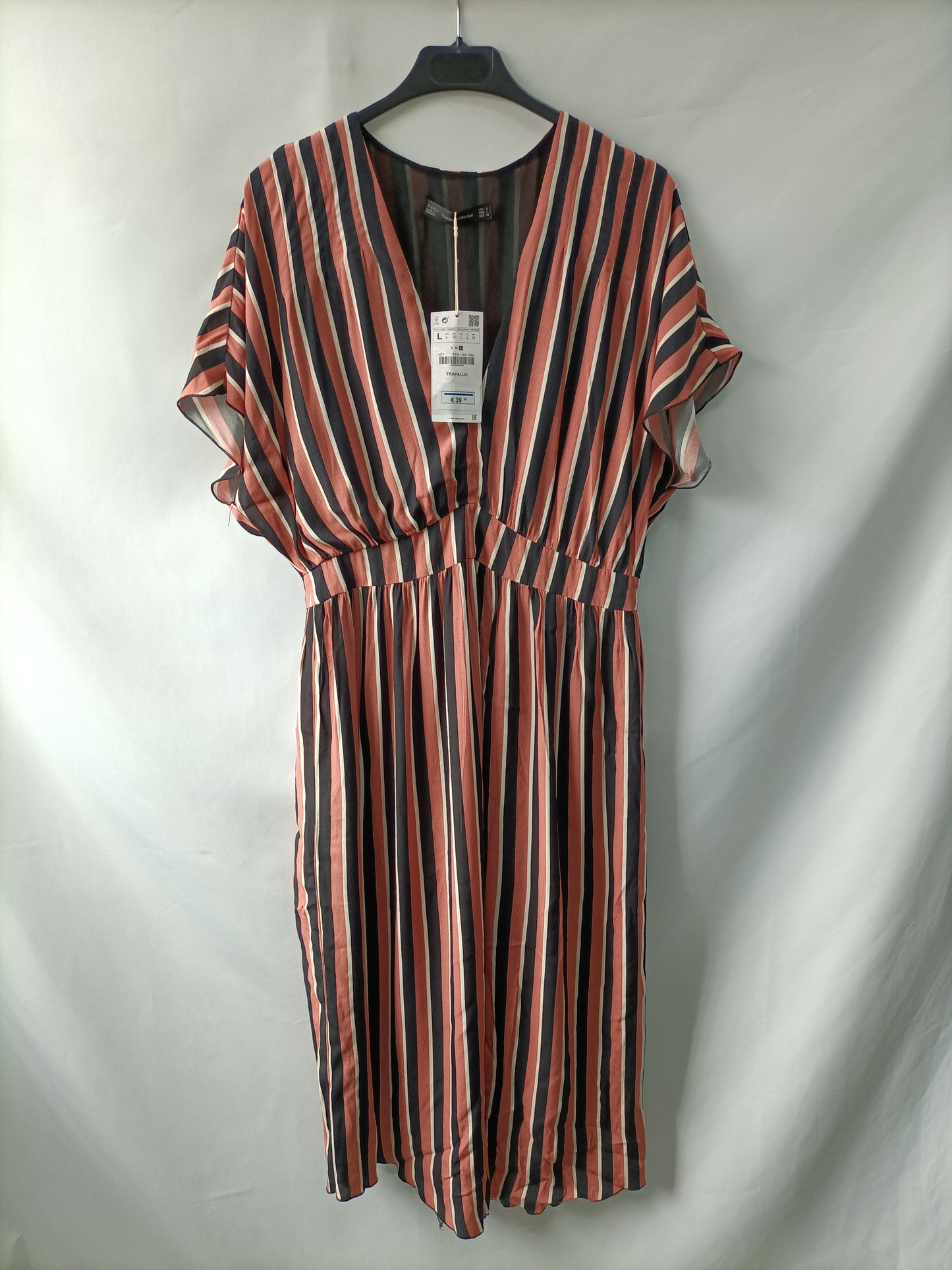 ZARA.Vestido midi rayas rosas y negras T.L