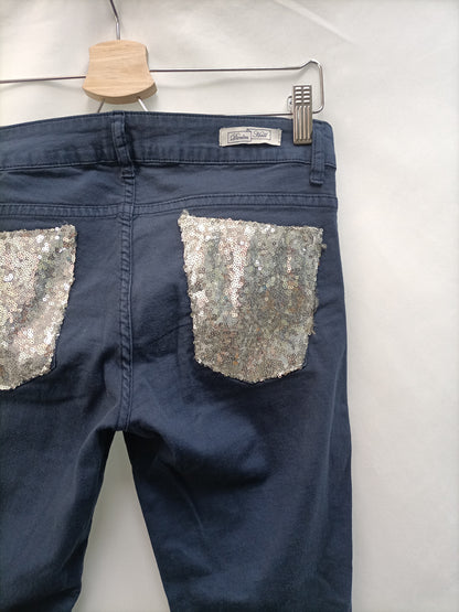 DENIM HALL. Pantalon azul marino bolsillos lentejuelas  T. 40 (cintura 38)