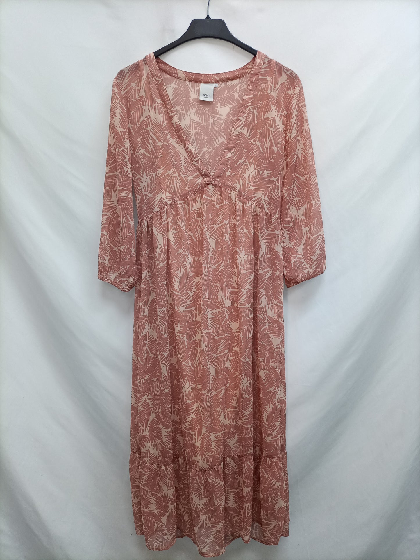 ICHI. Vestido midi rosa hojas T.s
