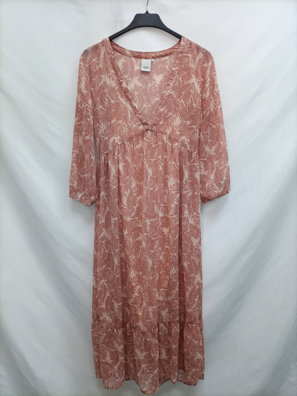 ICHI. Vestido midi rosa hojas T.s