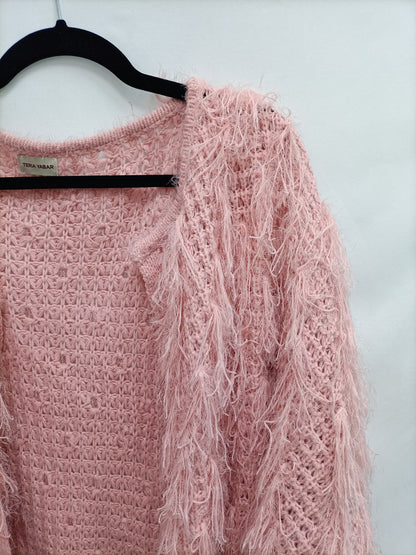TERIA YABAR. Pink fringed cardigan Tu(m)