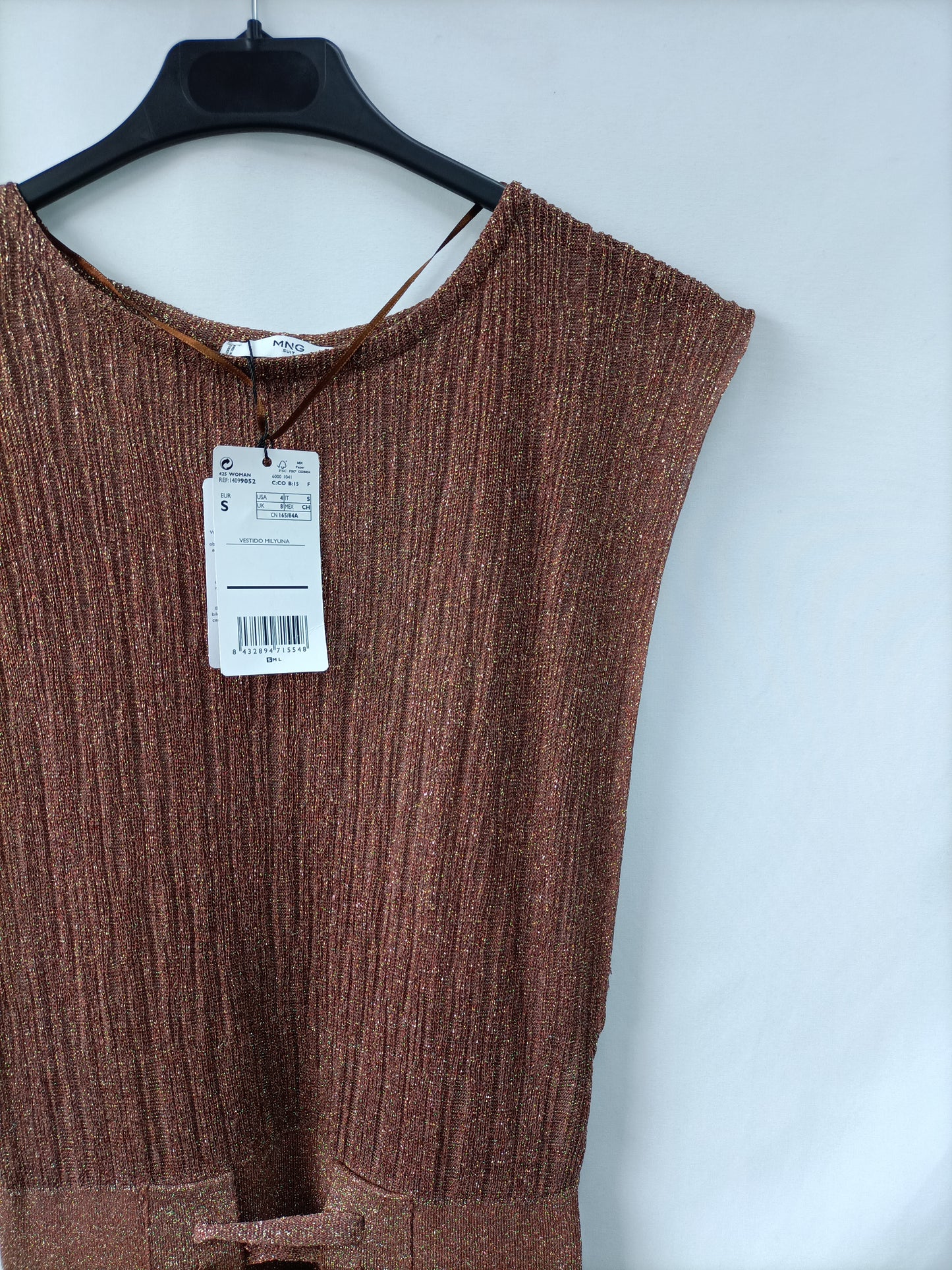 MANGO. Vestido ocre hilos T.s