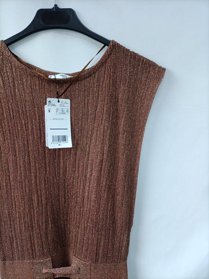 MANGO. Vestido ocre hilos T.s