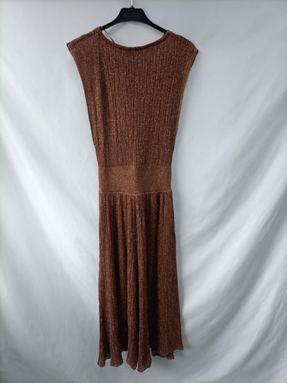 MANGO. Vestido ocre hilos T.s