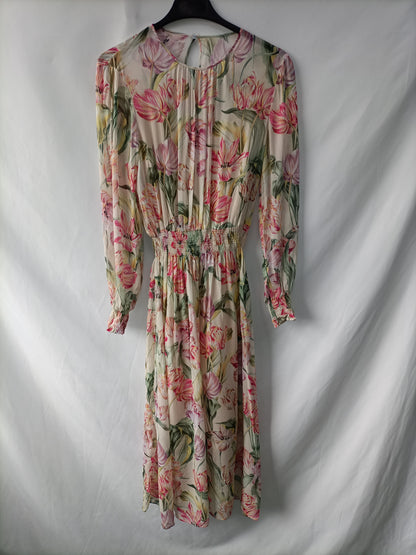 ZARA. Vestido beige flores T.s