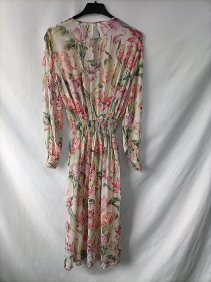 ZARA. Vestido beige flores T.s