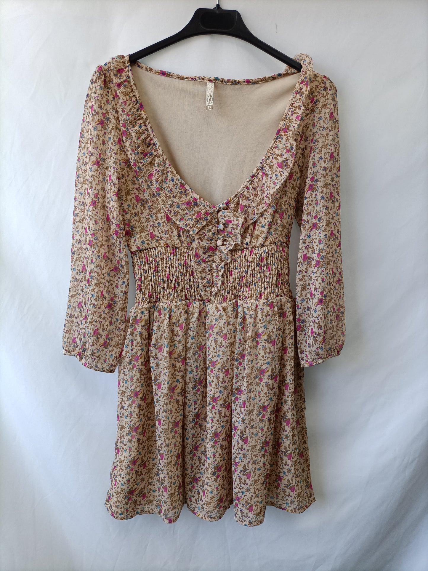 STRADIVARIUS. Vestido beige flores T.m