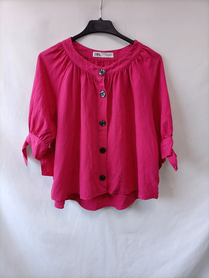 ZARA. Blusa rosa fucsia lino T.s