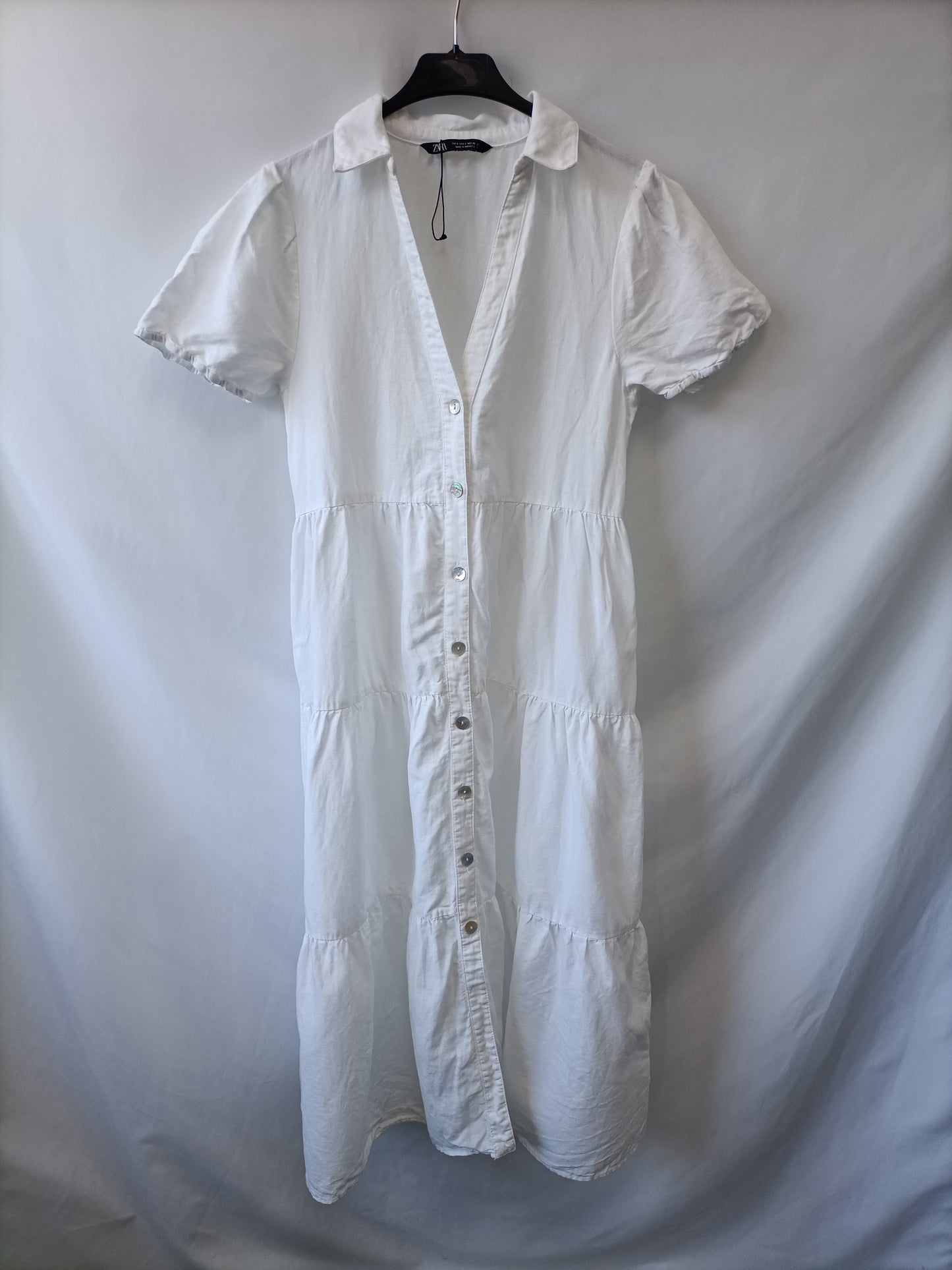 ZARA. Vestido blanco midi lino T.s