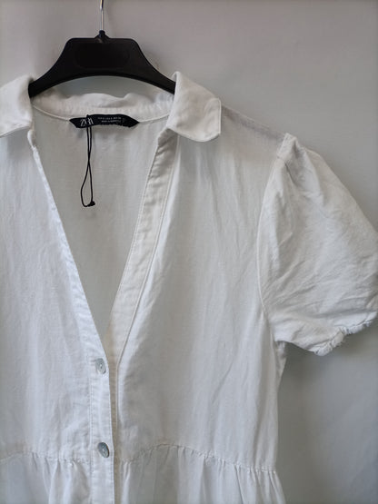 ZARA. Vestido blanco midi lino T.s