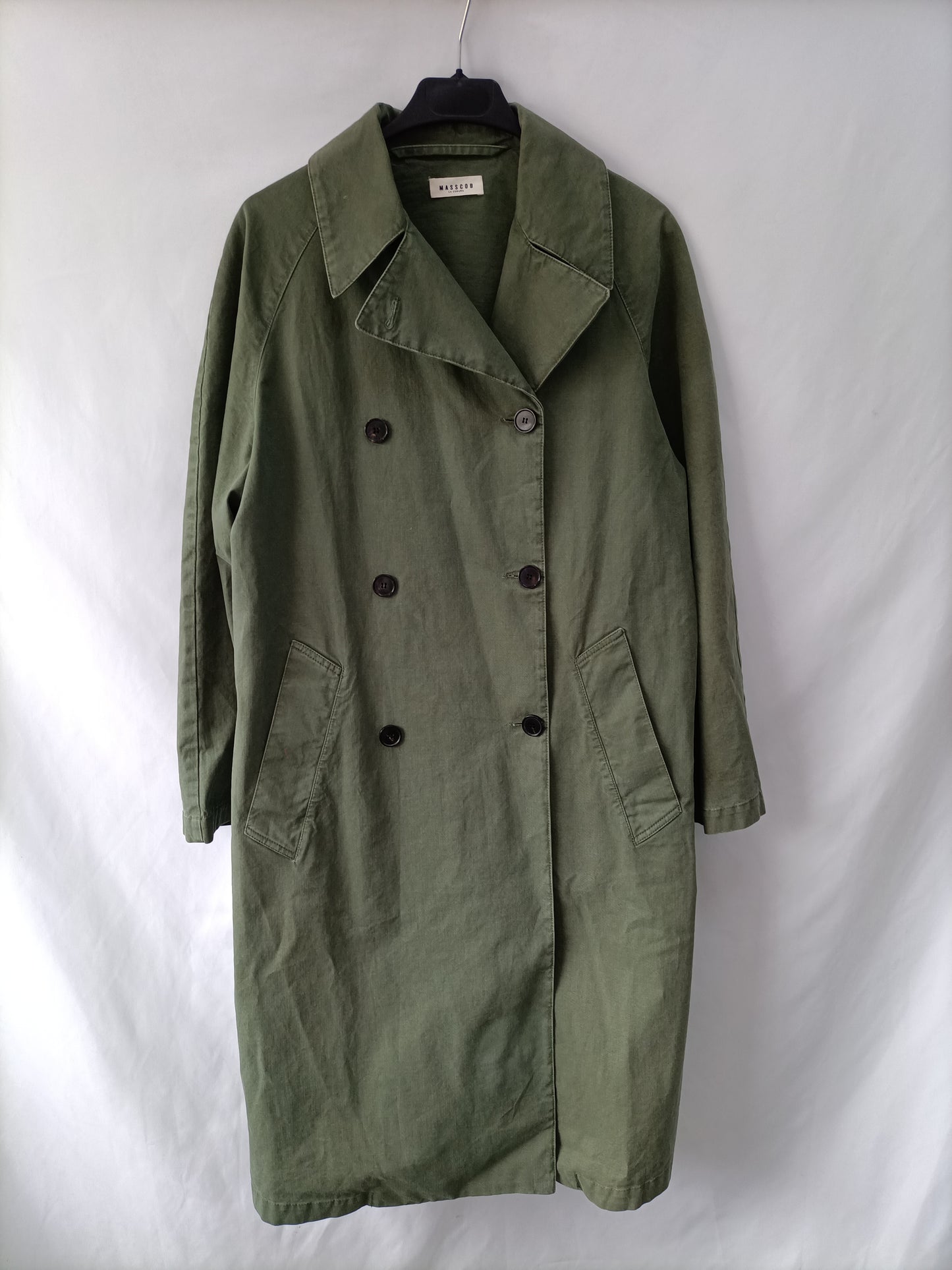 MASSCOB. Green trench coat size 34