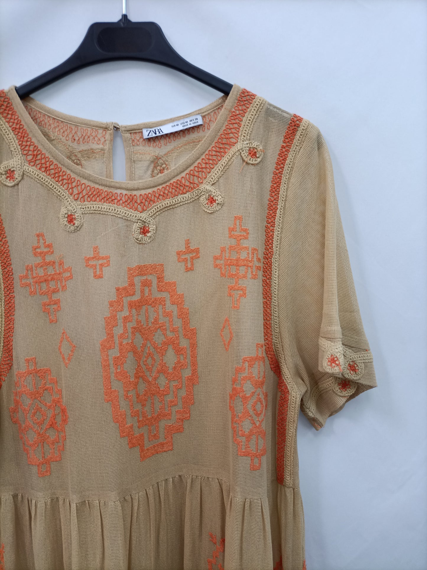 ZARA. Beige embroidered mesh dress TM