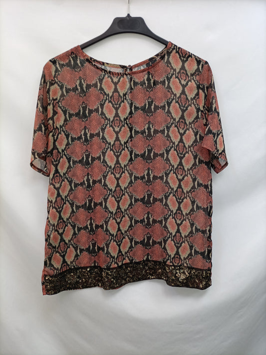 MANGO. Blusa print lentejuelas T.s