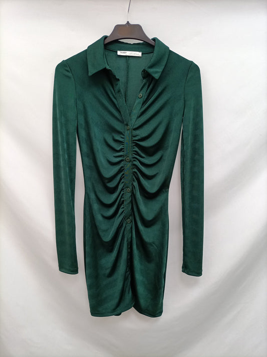 PULL&BEAR. Vestido verde Fruncido T.xs