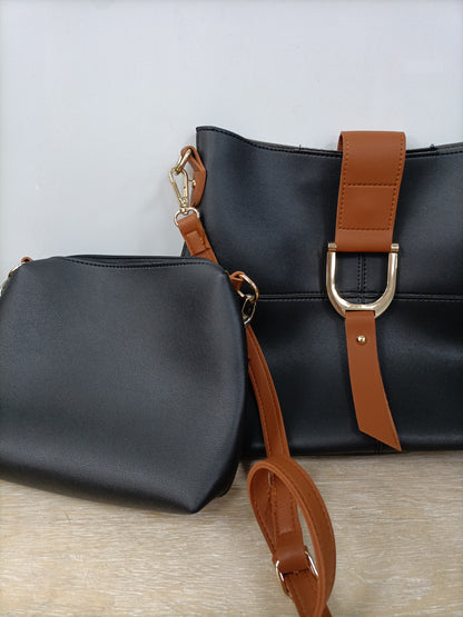 PAULA ROSSI.Bolso (doble) polipiel negro y camel
