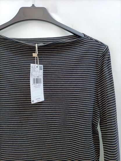 MANGO. Camiseta negra rayas T.l