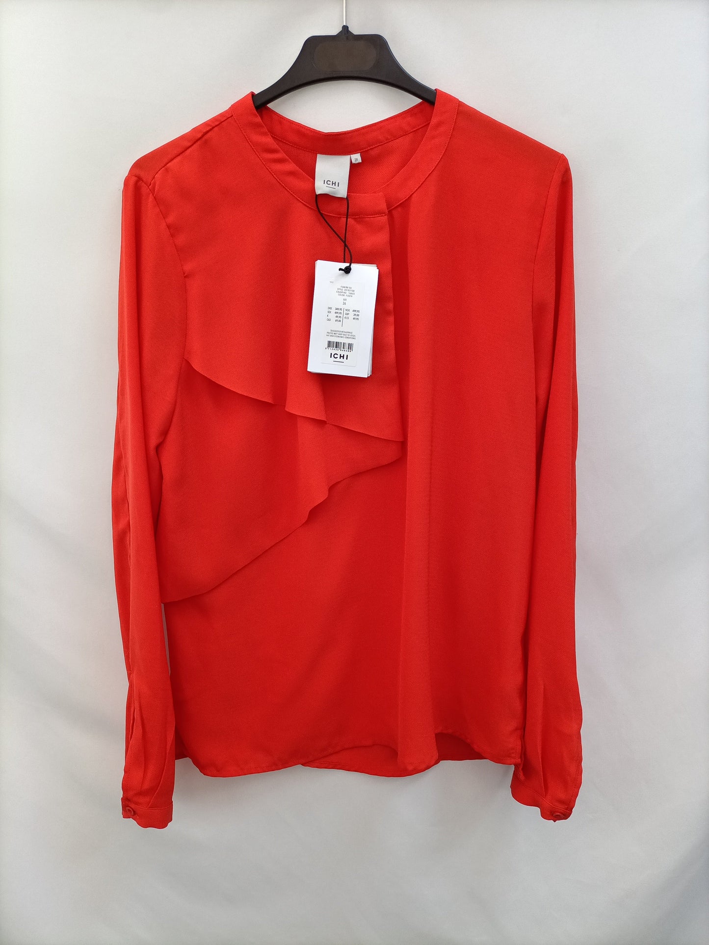ICHI. Orange blouse with ruffles, size 36