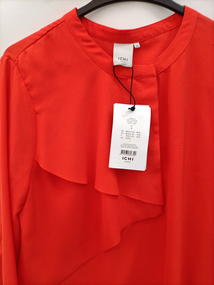 ICHI. Orange blouse with ruffles, size 36