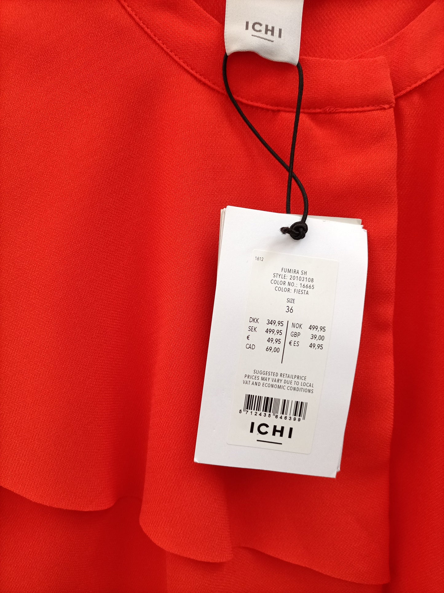 ICHI. Orange blouse with ruffles, size 36