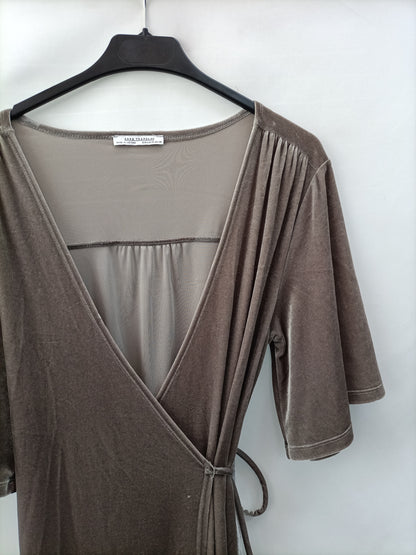 ZARA.Vestido largo gris verdoso terciopelo T.S