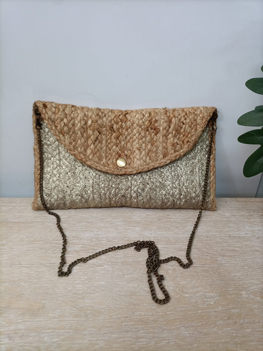 PARFOIS. Cartera rafia y dorada