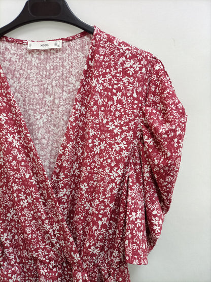 MANGO. Vestido burdeos flores T.m