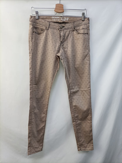 WHITE. Brown pants with black polka dots, size 38