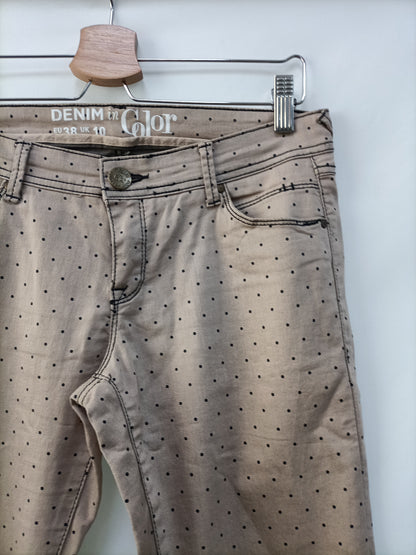 WHITE. Brown pants with black polka dots, size 38