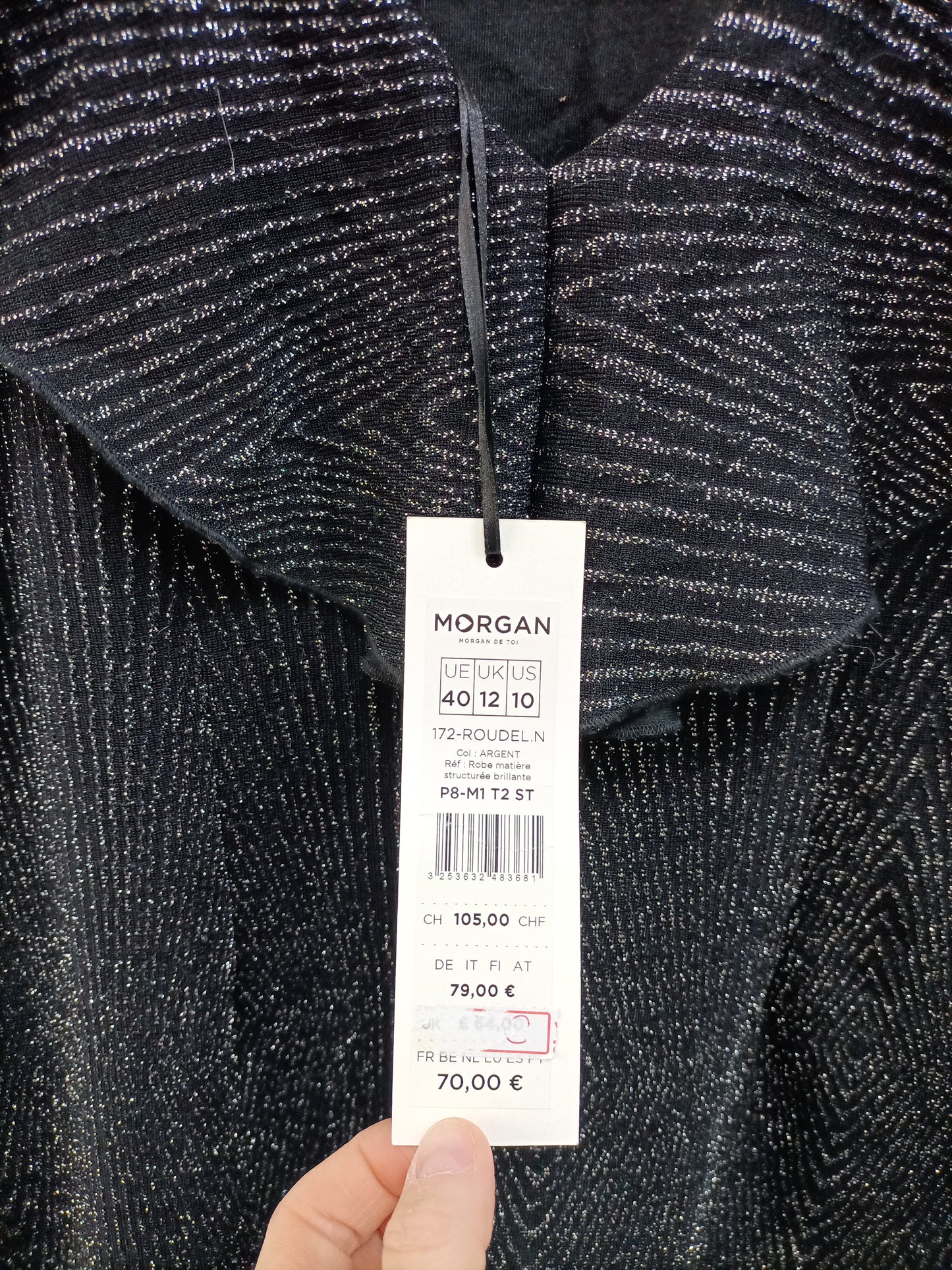 MORGAN. Vestido negro hilos T.40