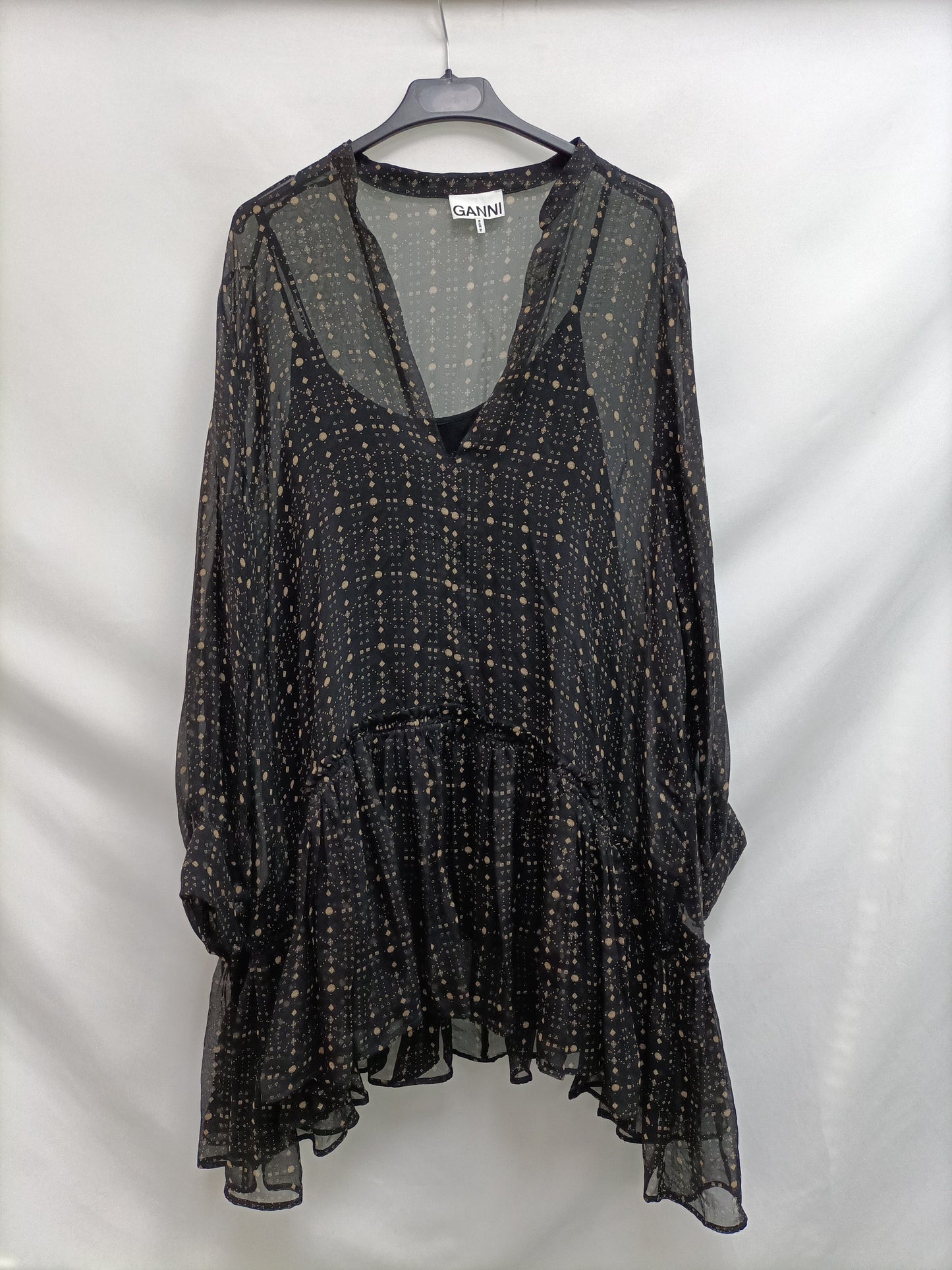GANNI. Black printed ruffle dress (S/M)