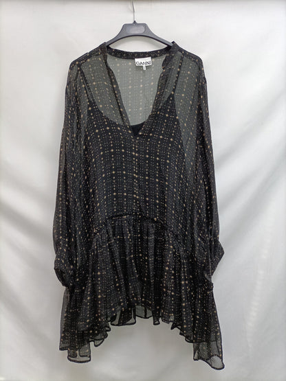 GANNI. Black printed ruffle dress (S/M)