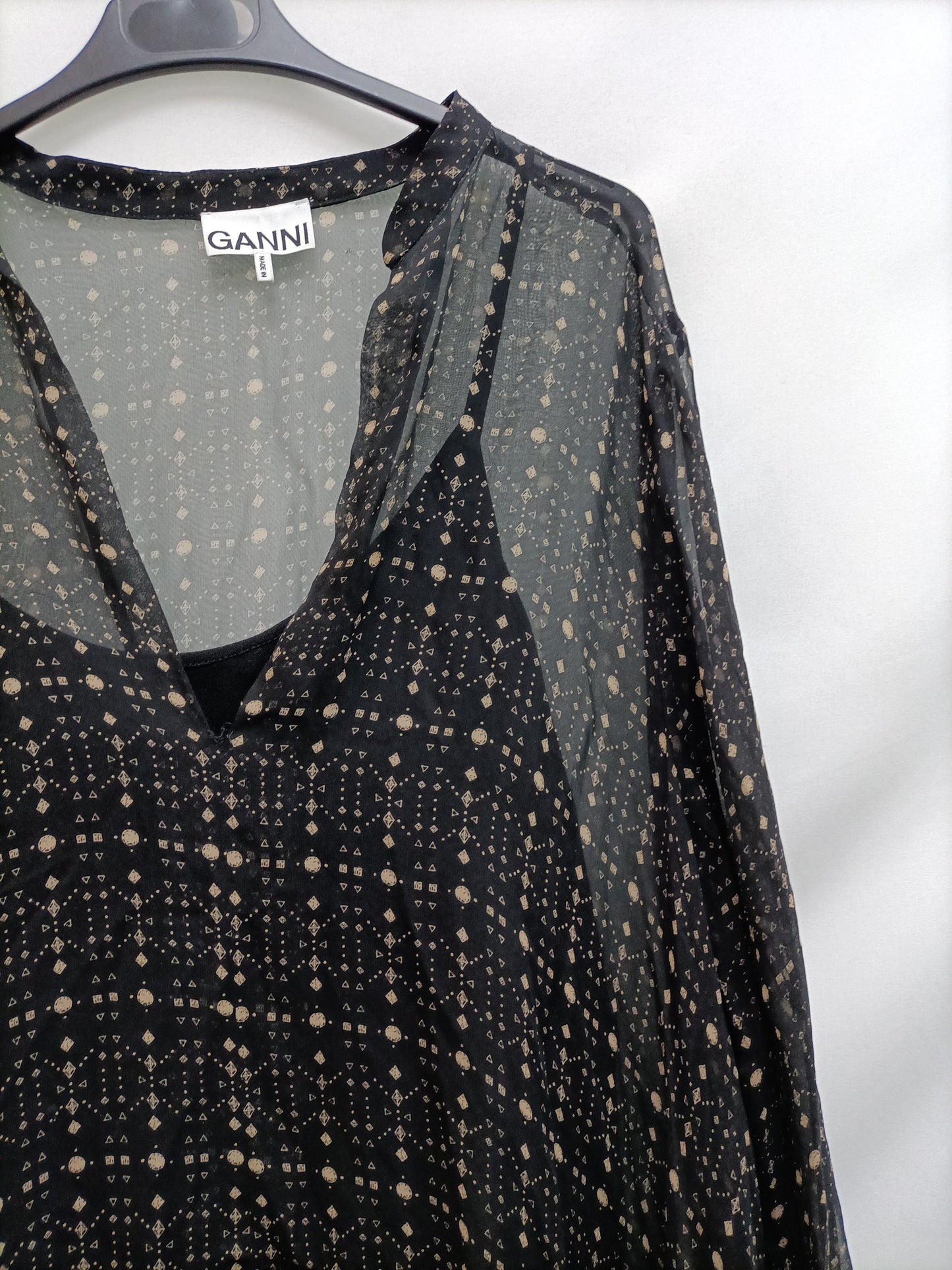 GANNI. Black printed ruffle dress (S/M)