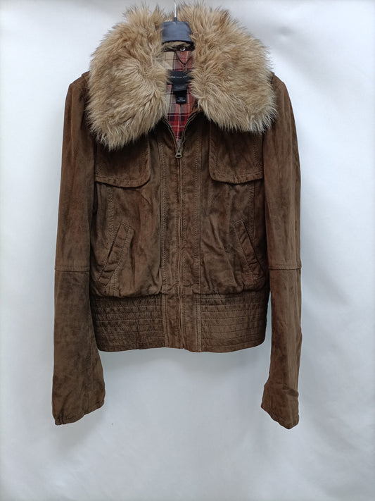 MANGO. Brown leather jacket Tm