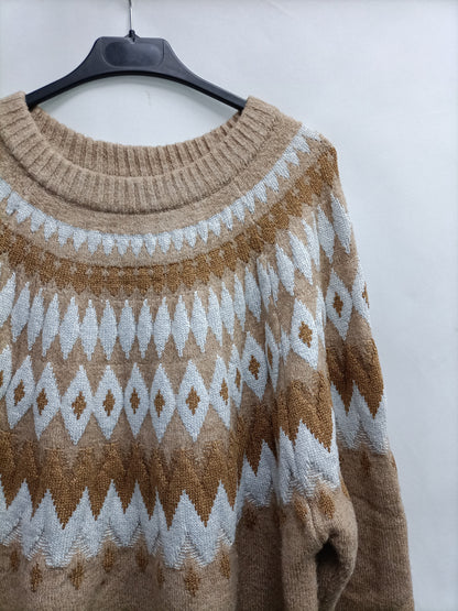 MANGO. Jersey beige dibujos T.xl