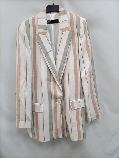 ZARA.Blazer lino rayas tonos pastel oversized T.XS