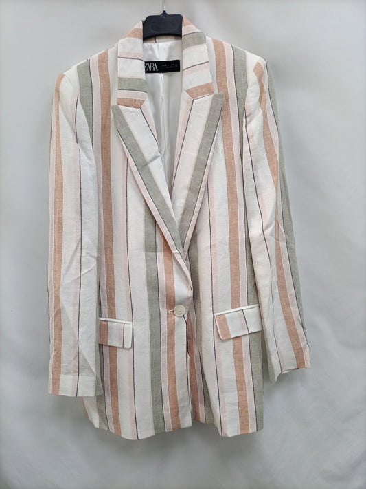 ZARA.Blazer lino rayas tonos pastel oversized T.XS