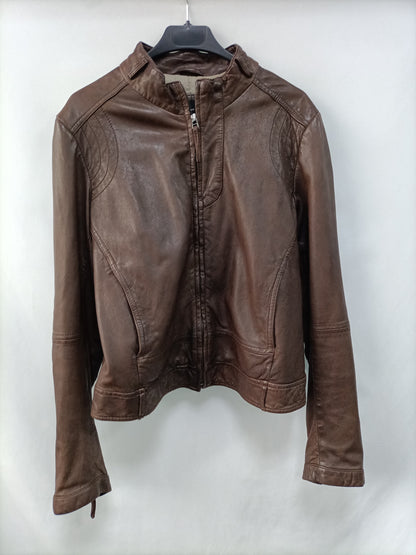 MASSIMO DUTTI. Chaqueta piel marrón T.L(34)