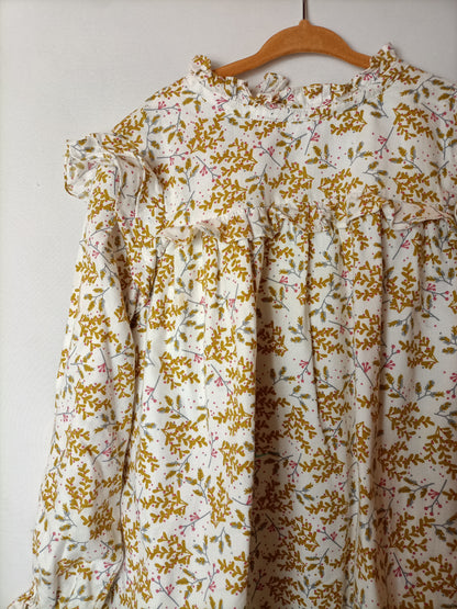GOCCO. Vestido hojas mostaza. T. 7-8 años