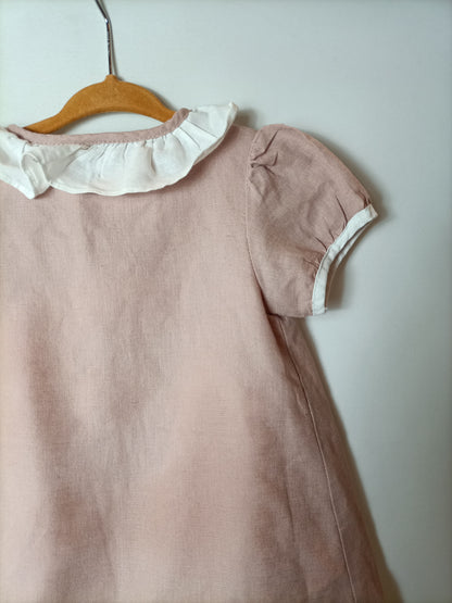 DOÑA CARMEN. Vestido lino rosa empolvado. T. 2 años