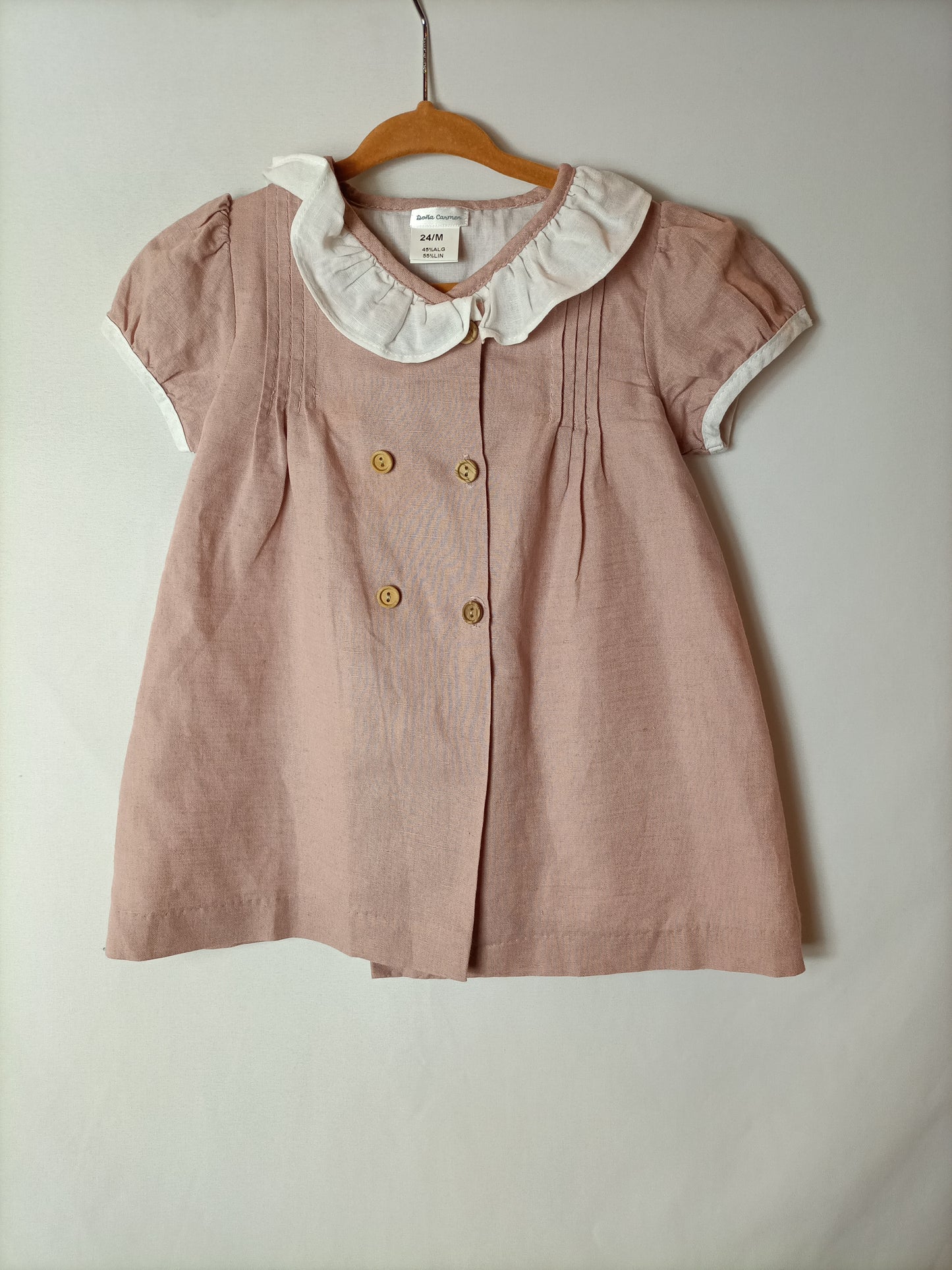 DOÑA CARMEN. Vestido lino rosa empolvado. T. 2 años