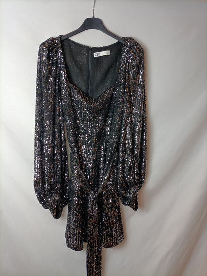 ZARA. Vestido negro lentejuelas T.s