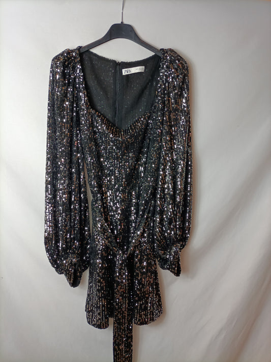 ZARA. Vestido negro lentejuelas T.s