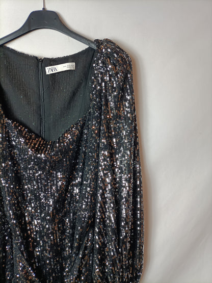 ZARA. Vestido negro lentejuelas T.s