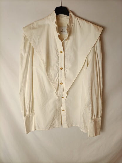 FRAILE. Camisa beige botones joya T.m